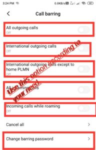 How to turn on/off call barring in phone